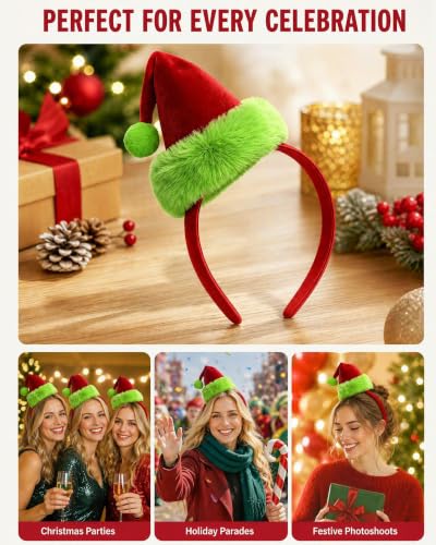 Christmas Santa Hat Headband Red Velvet Green Furry Trim Women Xmas Cosplay
