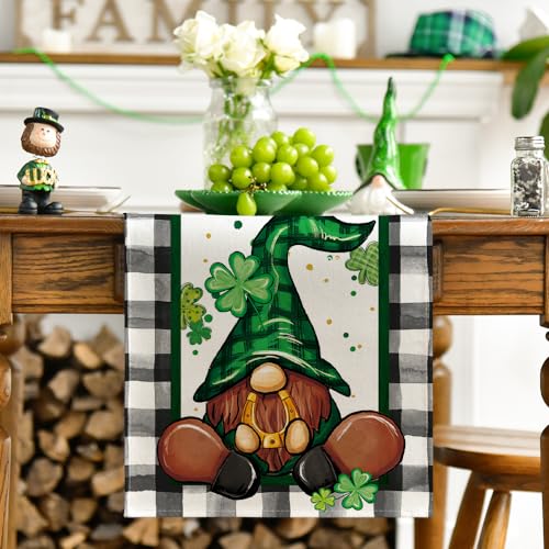 Artoid Mode Buffalo Plaid Gnome St. Patrick's Day Table Runner 13x72 Black/White