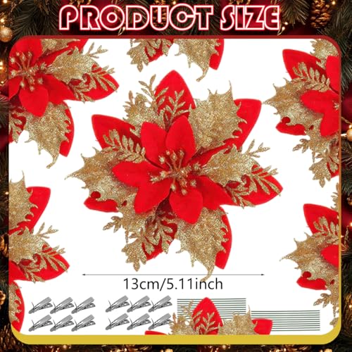 BASEMMAHER 12 Pcs Christmas Glitter Poinsettia Flowers with Clips & Stems - Red Gold