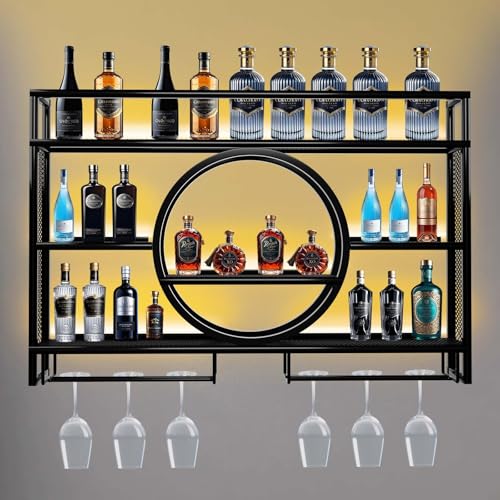 3-Tier Wall Mounted Wine Rack with LED Lights - Modern Metal Liquor Shelf