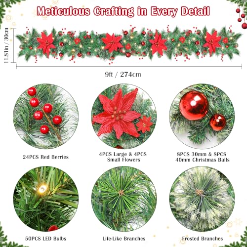 Lewondr 9FT Prelit Christmas Garland with Red Poinsettia & 50 LEDs - Green & Red Variation