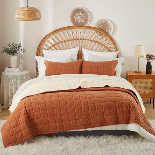 Burnt Orange Queen Quilt Set - 3-Piece Bedding with Cream Stripe