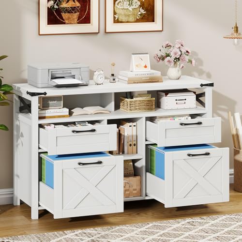 4-Drawer Farmhouse File Cabinet with Open Storage Shelf, White Office Organizer