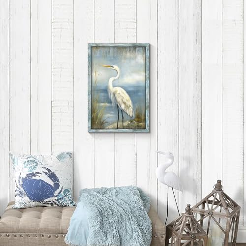 Coastal Heron Wooden Wall Art 11x16 Inch Framed Seascape Beach Decor