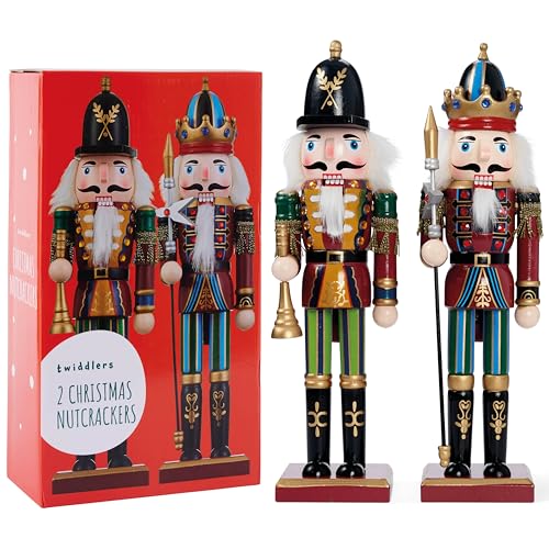 THE TWIDDLERS 2 Pack 12-Inch Wooden Nutcracker Christmas Decor with King & Guard Soldier (Red) - Festive Holiday Figures with Gift Box, Pikeman & Bugler Variants