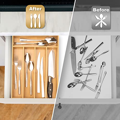 Bamboo Silverware Organizer for Kitchen Drawer - 5 Slot Cutlery Tray