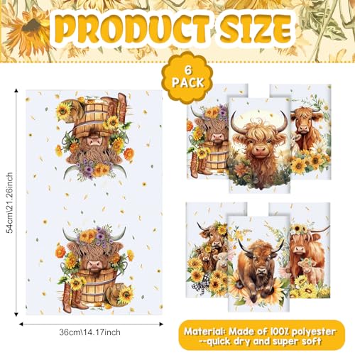 Highland Cattle Kitchen Towels - Set of 6 Farmhouse Floral Dishcloths