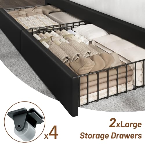 King Size Upholstered Bed Frame with Storage Drawers & Charging Ports