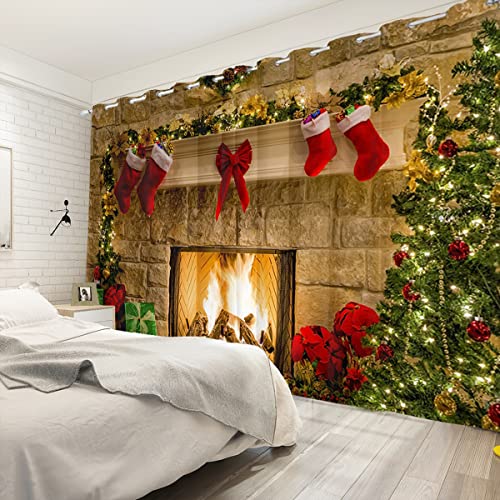 Umpoo 2 Pack Christmas Fireplace Window Curtains - Holiday Red & Xmas Tree Design, 52 x 96 Inches