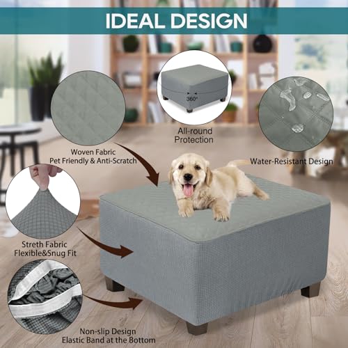 Large Waterproof Square Ottoman Cover - Light Gray, Stretch Fit
