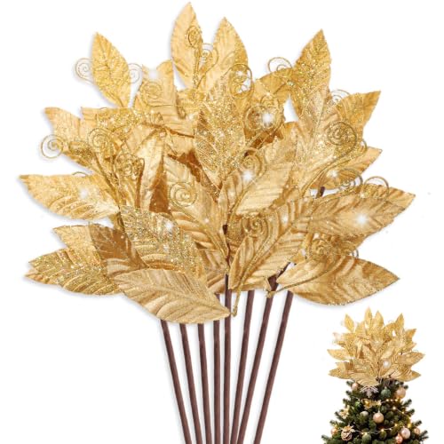 Janinka Gold Velvet Glittered Leaf Picks, 10 Pcs - Christmas Spray Artificial Branches