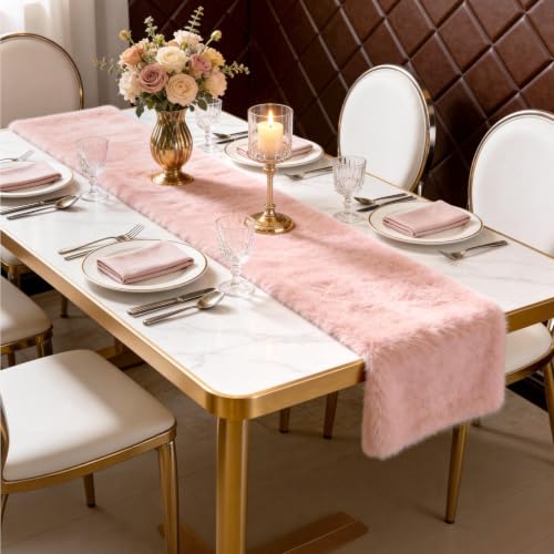 MAOFENG Pink Faux Fur Table Runner 59.1 Inch - Luxury Christmas Home Decor