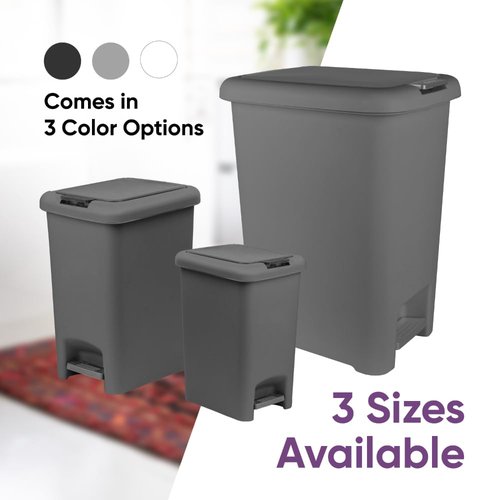 Superio 45L Slim Step & Push Trash Can with Wheels - Dual Opening, Space-Saving Design (17.52"x13.07"x22.24") - Gray