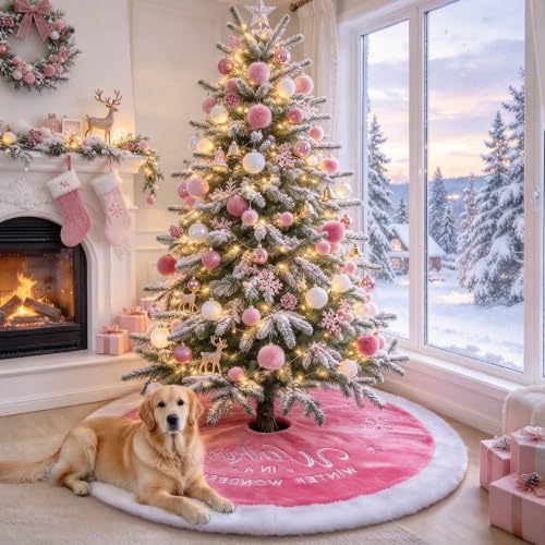 Yuboo Large Pink Christmas Tree Skirt 36 Inch Faux Fur Snowflake Decor