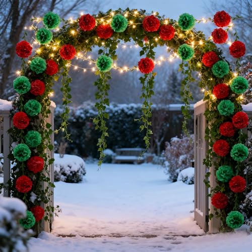 Red Tissue Paper Pom Pom Garland for Christmas & Events - 2 Pack, 16.4ft