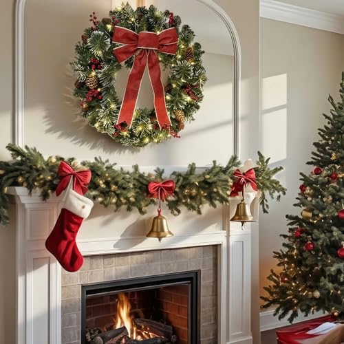 DiliComing 24 Inch Pre-Lit Christmas Wreath with White Lights for Front Door, Outdoor Decor