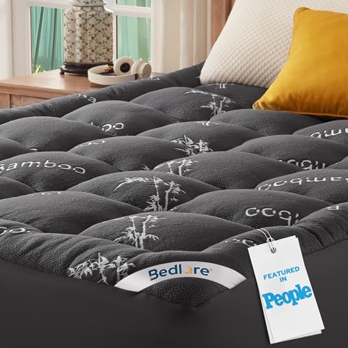 BEDLORE Queen Bamboo Mattress Topper - Thick Pillow Top Pad Dark Gray