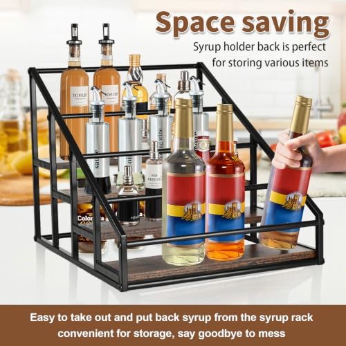 4-Tier Coffee Syrup Organizer Rack - 16 Bottle Rustic Wood Countertop Holder