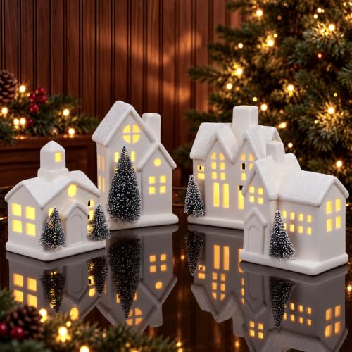 FTEJUWJ 4-Piece Ceramic Christmas Village Set with LED Lights Glitter Snow Scene