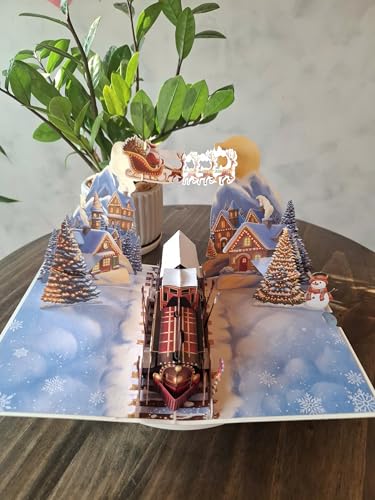 Christmas Train Pop Up Card - 3D Vintage Steam Locomotive Holiday Card, 6 x 8 Inches