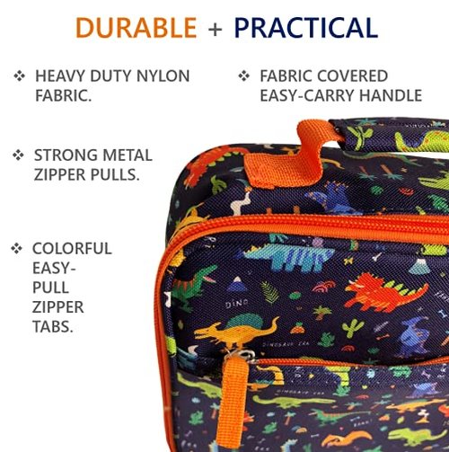 kinsho Lunch Bag with Water Bottle and Ice Pack Set, Boys Lunch-Box Set for Toddler Daycare or Pre-School, Kids Container for Lunches, Blue Orange Dinosaur