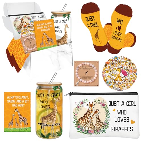 Giraffe Gift Set for Women – Classic 6-Piece includes 16oz Glass Cup, Makeup Bag, Socks, Bracelet, 50 Stickers & Card