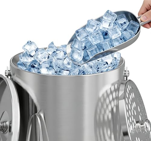 Stainless Steel 3L Double Wall Ice Bucket with Lid, Tongs & Scoop for Cocktails & Party Drinks