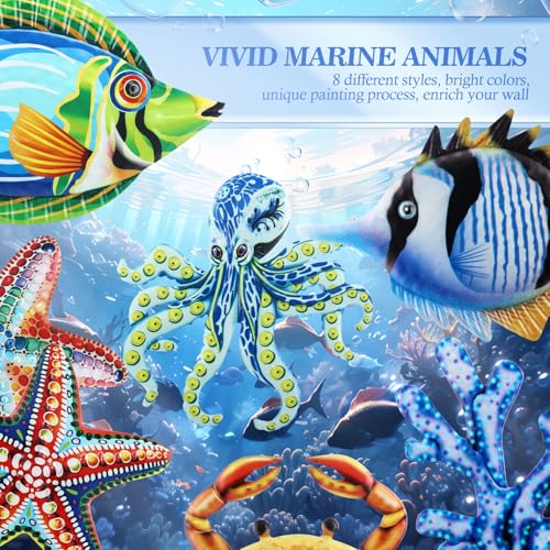 8-Piece Metal Coastal Wall Art Set, Colorful Tropical Sea Life Sculptures
