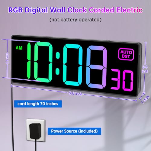 Large LED Digital Wall Clock - 10" 8 RGB Color Display with Auto DST & Dimmer