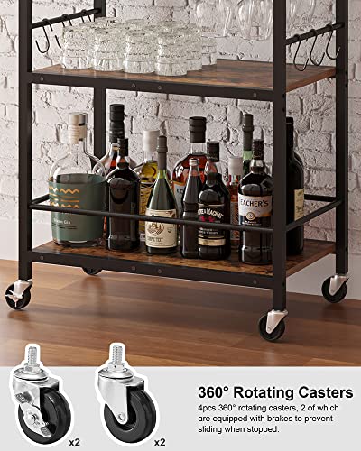 3-Tier Mobile Bar Cart with Wine Rack, Glass Holder and Storage Hooks