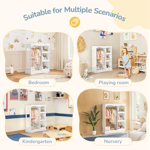 Kids Dress Up Storage Wardrobe with Flower Mirror and Hanging Rail
