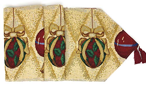 DaDa Bedding 13" x 72" Table Runner - Festive Red Gold Beige Tassels Cotton Linen
