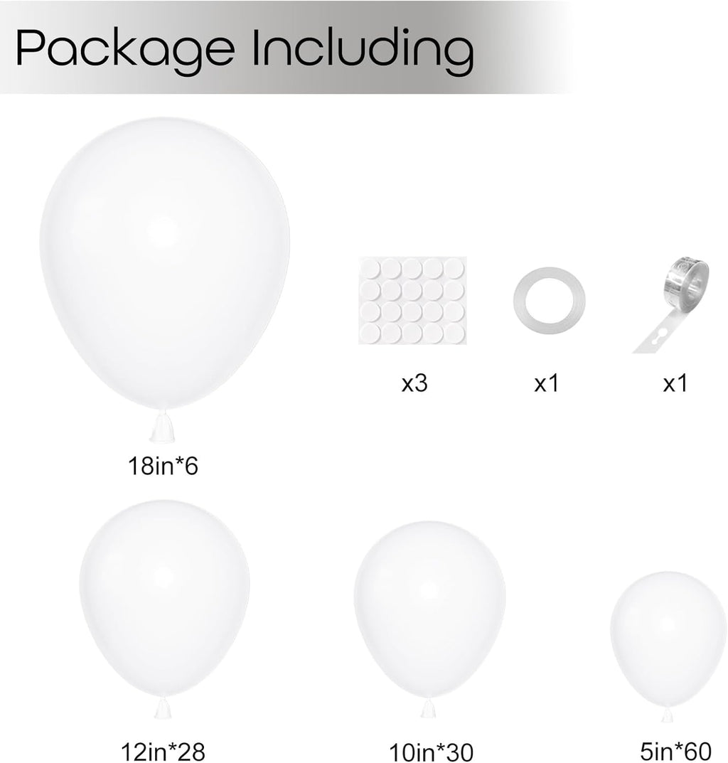 Ouddy White Balloon Set - 129Pcs in Various Sizes with 6Pcs 18” Matte Arch Garland Kit | Perfect for Parties & Celebrations