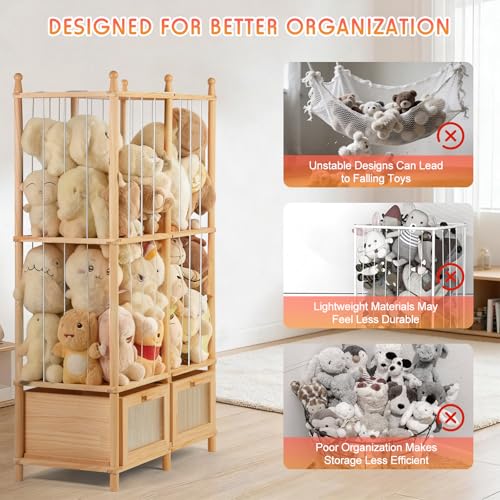 Stuffed Animal Storage Tower with Two Wooden Drawers, 280L Toy Organizer