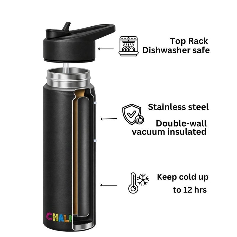 CHALKME Kids Water Bottle 25oz Stainless Steel Vacuum Insulated with Washable Chalk Markers Included, Decorate Your Own Water Bottle, Reusable Gift for Boys and Girls