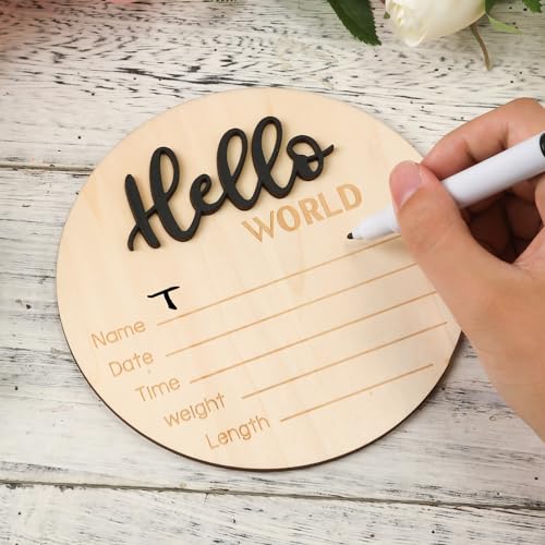Hello World Newborn Birth Announcement Sign - 5.9 Inch Wooden Keepsake