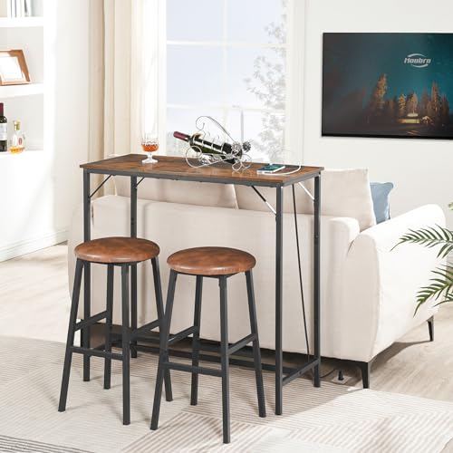 Narrow Bar Table with Charging Station, Rustic Pub Table with USB Ports