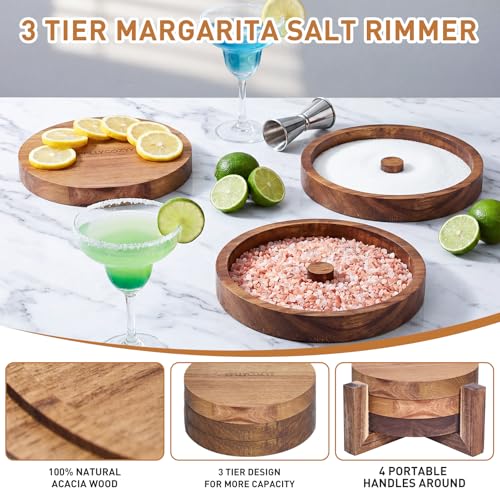 efulycozyy 3-Tier Acacia Wood Margarita Salt Rimmer Set - Stackable Cocktail Rimmer for Drinks