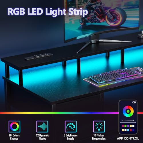 47" Gaming Desk with Power Outlets, LED Lights, Monitor Stand & 5 Drawers