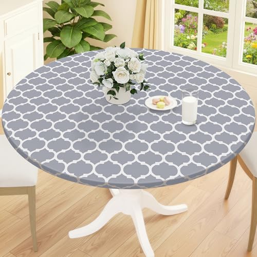 Round Elastic Fitted Tablecloth - Waterproof Vinyl Table Cover (45-56 Inch)