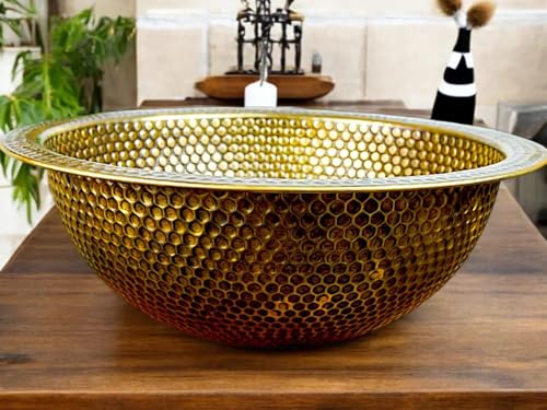 14-Inch Hand Hammered Brushed Brass Bathroom Sink, Dual Mount Round Basin