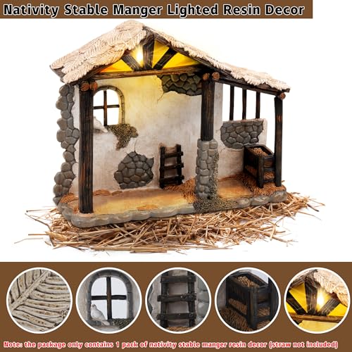 Fovths 12 Inch Lighted Nativity Stable Manger Resin Christmas Decor