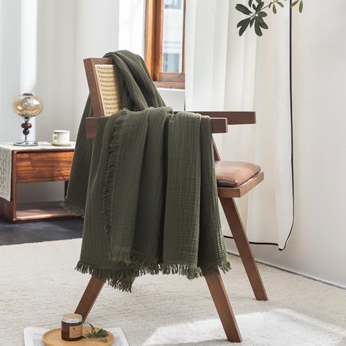 FOSSA 4-Layer Cotton Muslin Blanket Twin XL Olive Green 66x90 inches