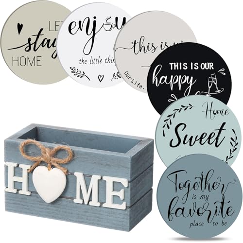 Queekay Slate Coasters Set of 6 with Holder – Farmhouse Wooden Drink Coasters
