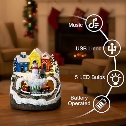 Animated Musical Christmas Village Decor with Rotating Train & LED Lights