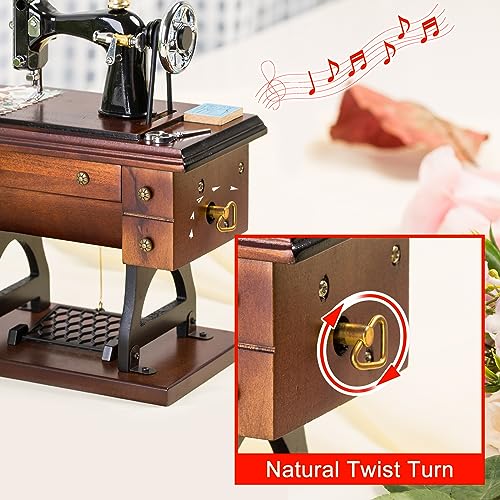 Vintage Sewing Machine Music Box, Wooden Wind-Up Mechanical Musical Gift