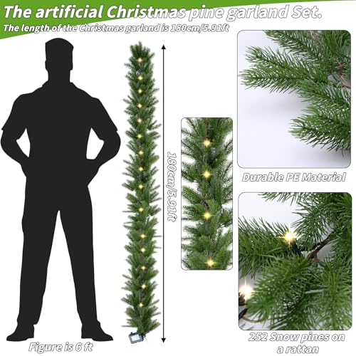 6 Ft Battery-Powered Christmas Garland with Lights, Realistic Greenery, Timer, Indoor Outdoor Decor