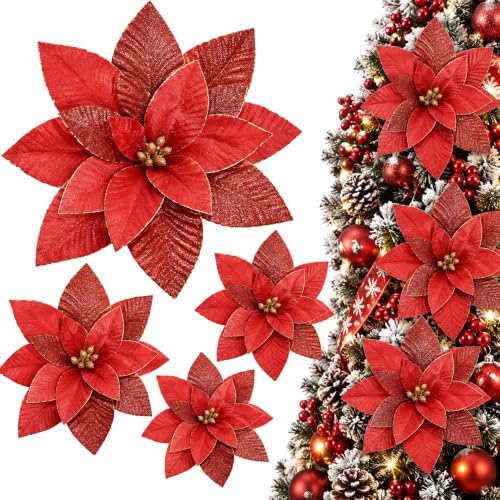 Cinnvoice 4pcs 16'' Red Poinsettia Christmas Tree Artificial Flowers (Glitter Accent)