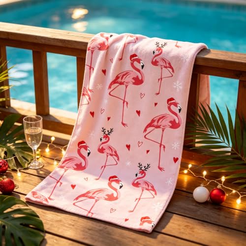 Christmas Flamingo Hand Towels - Soft Holiday Kitchen & Bathroom Decor, 13.6 x 29 Inch
