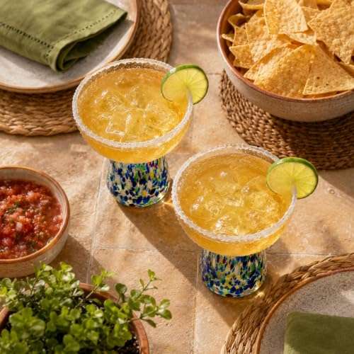 Confetti Stemless Margarita Glasses Set of 4 - Hand Blown Colorful Drinkware, Cocktail & Wine Glasses, Mexican Celebration